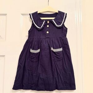 Classic Navy Sleeveless Girls Dress with Decorative Collar